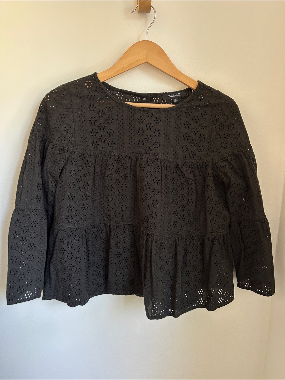 Madewell Black Cotton Eyelet Tiered Bell-Sleeve Top, Size XS